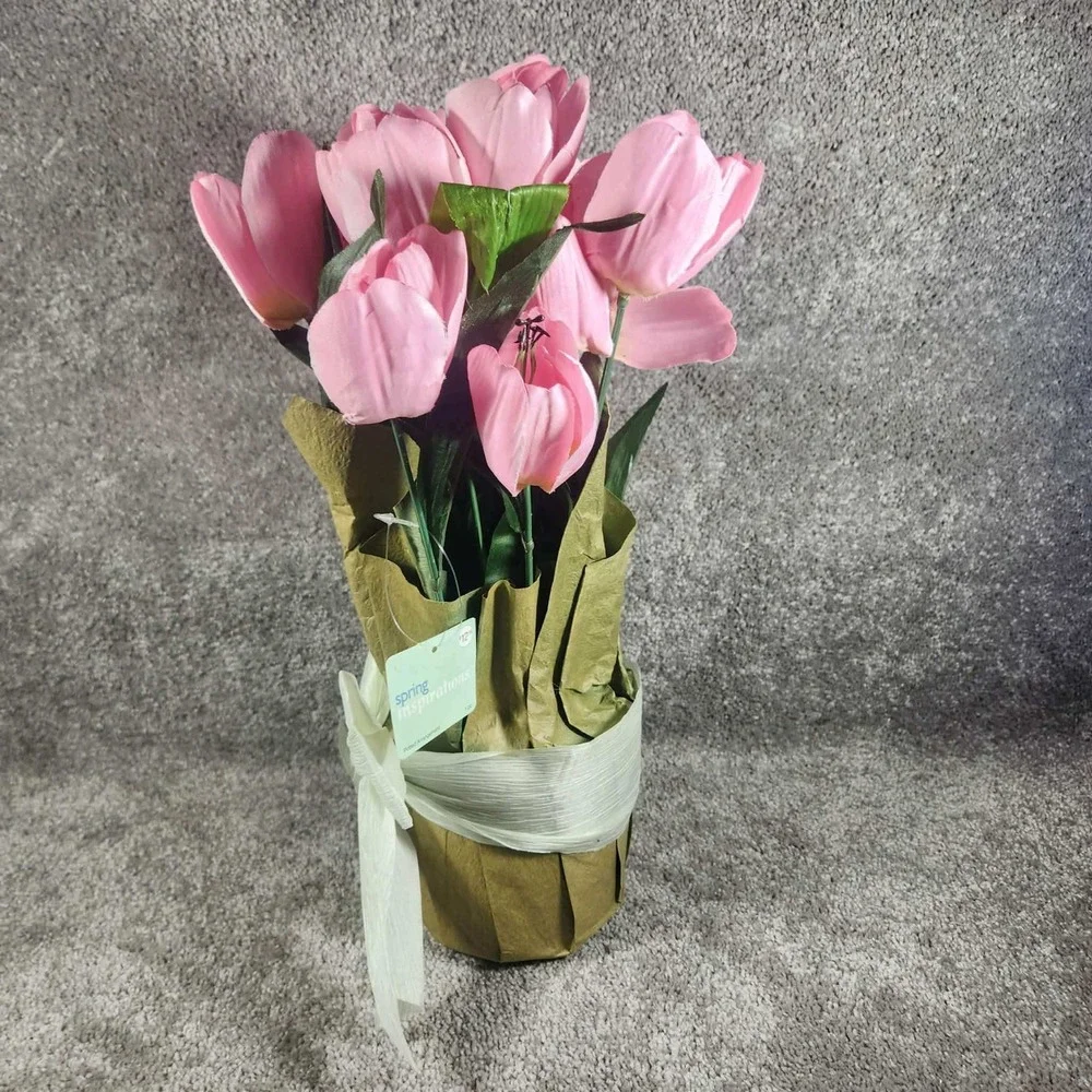 Spring Inspirations Potted Tulip Arrangement Pink Faux Floral Decor OS